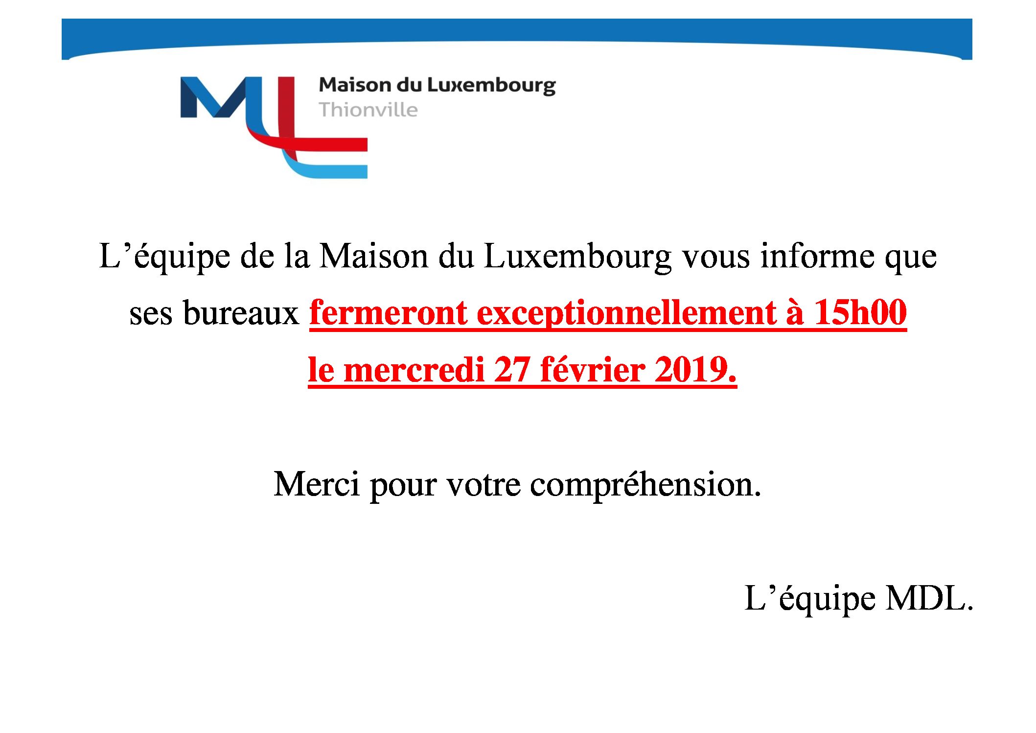 Fermeture 27 février apd 15h
